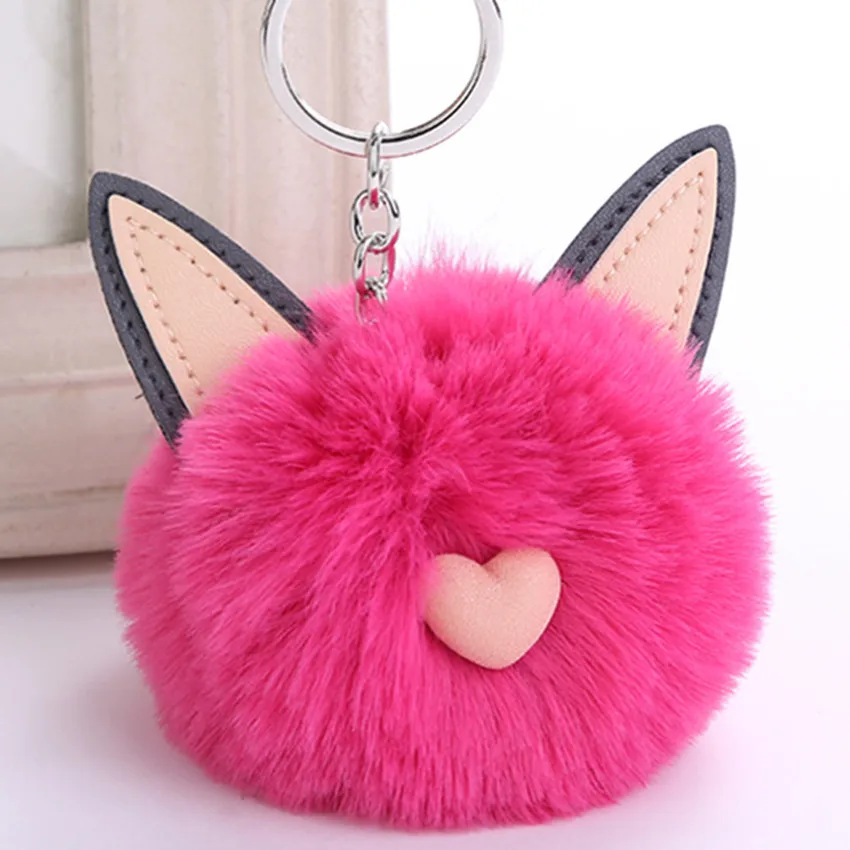 

So Cute Pink Heart Cat Ear Keychain Fur Pompon Ball Key Rings Multicolor Puffy Fur Cat Keys Chains Hairy Animal Key Holder