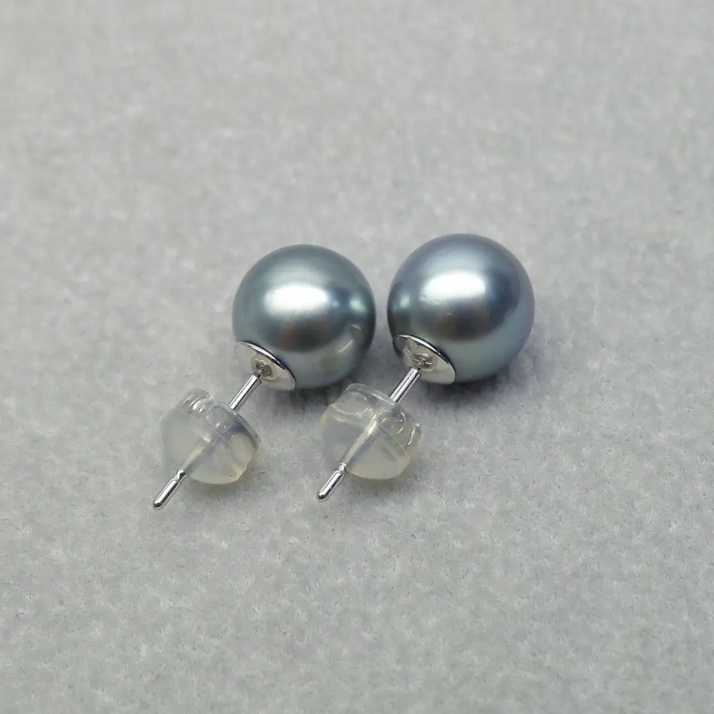 

925silver White Gold 9-10MM AAA Natural Gray Genuine Tahitian Pearl Ear Stud Earrings