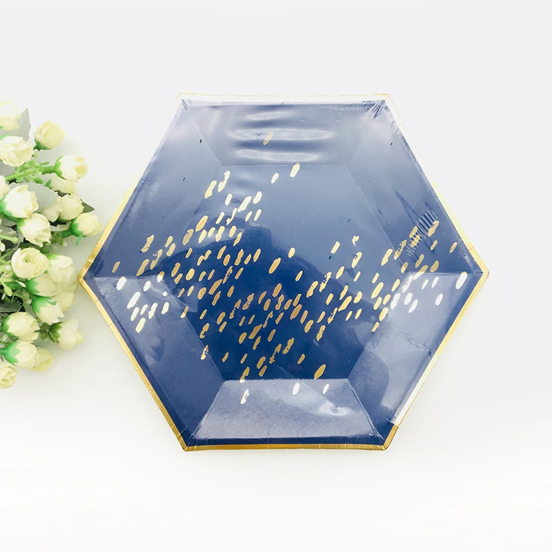 

24Sets Blush Pink Tableware Hexagonal Marble Plates Paper Cups Navy Blue Birthday Party Anniversary Retirement New Years Wedding