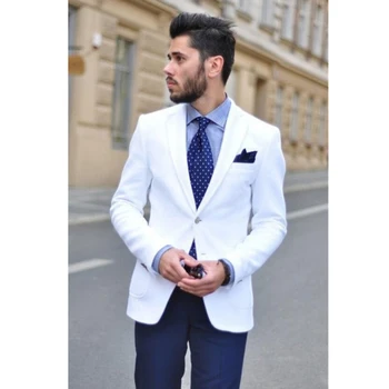 

New Arrival White Mens Suits Blazer With Navy Blue Pants 2017 Bespoke Notched Lapel Grooms Tuxedos 2 Pieces Party Prom men Suit