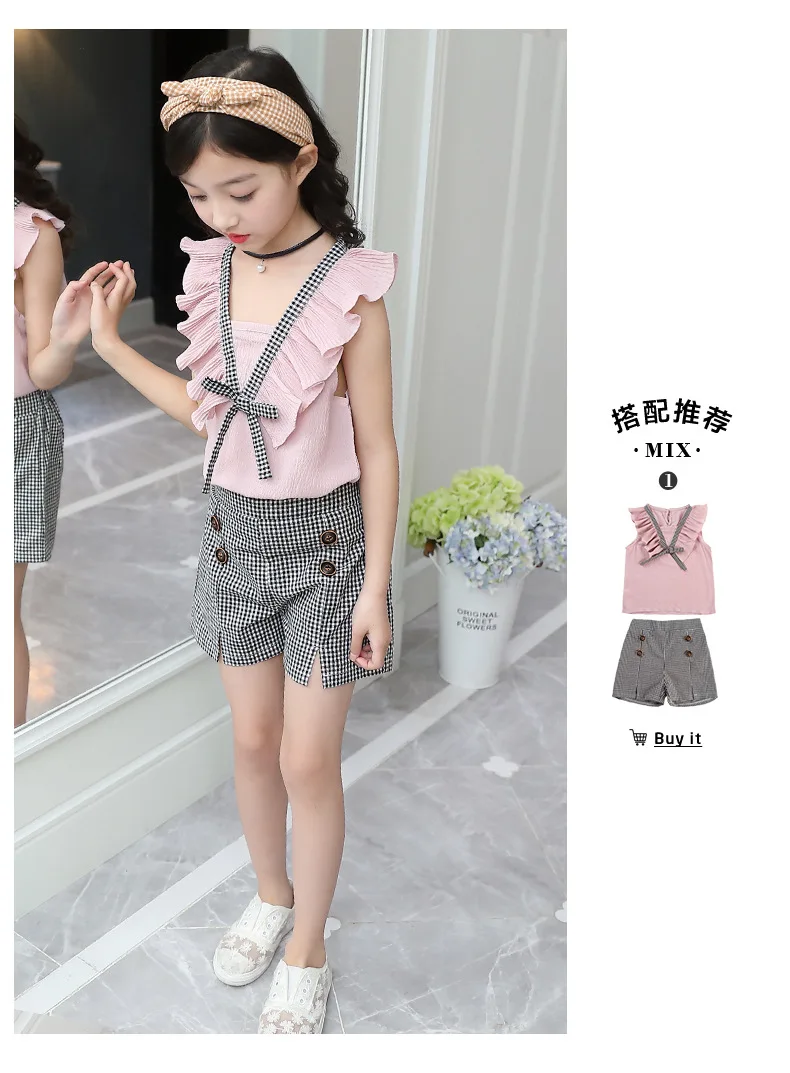 Casual Teen Girls Clothes 2019 New Summer Children Clothing Set Ruffles Tops Plaid Shorts 2Pcs Kids Suit For Girls Outfits 3-14Y (12)