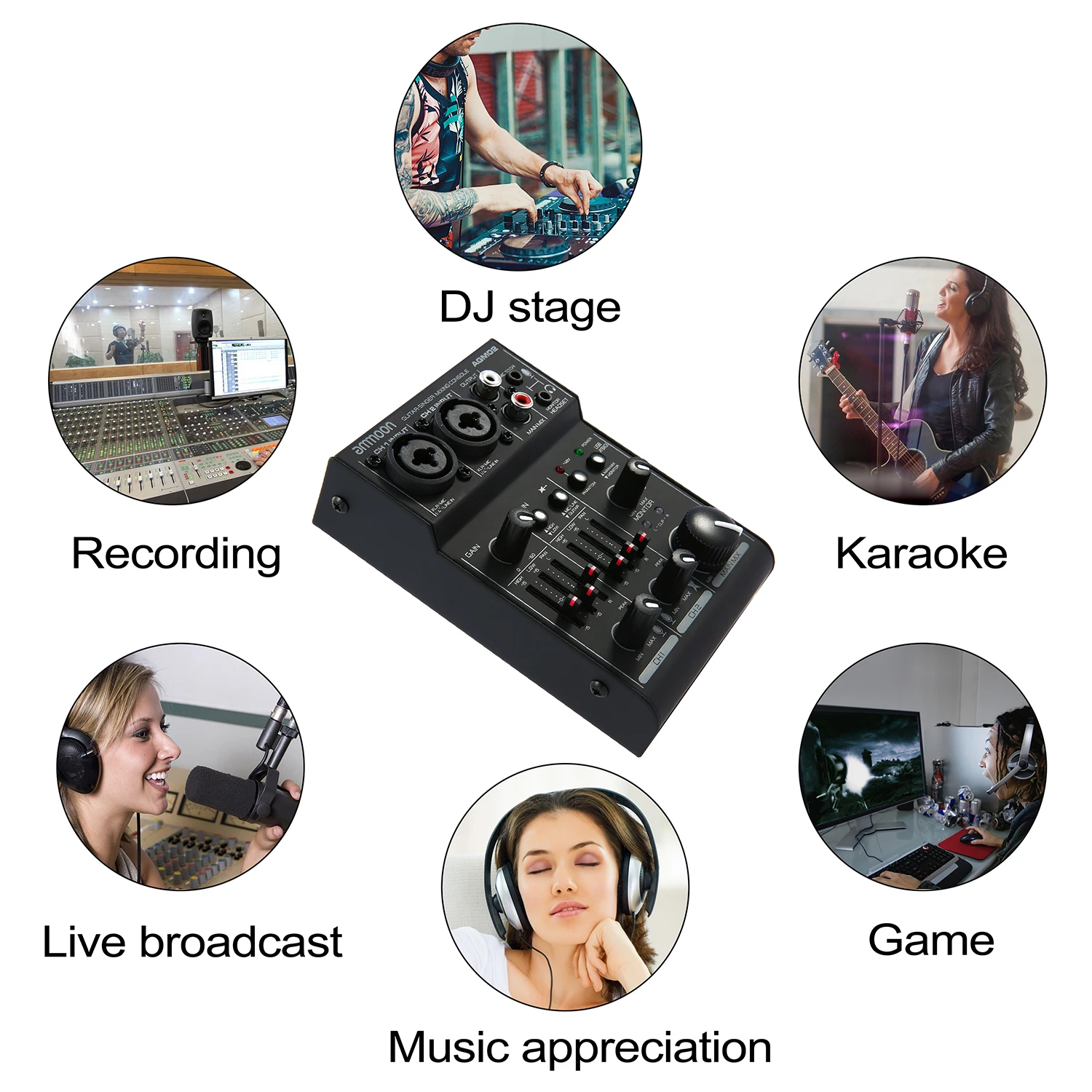 ammoon AGM02 2-Channel Sound Card Mixing Console Digital Audio Mixer 2-band EQ Built-in 48V Phantom Power 5V USB Powered