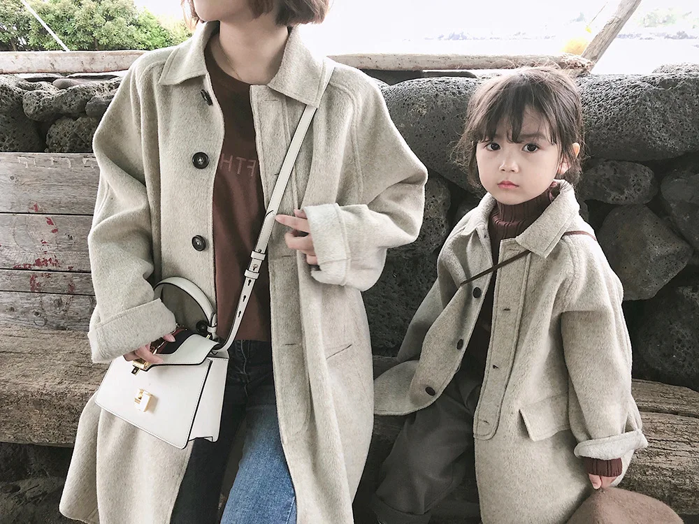 Однотонное длинное детское шерстяное пальто для девочек, Осеннее зимнее пальто Детская ветровка, верхняя одежда для маленьких девочек