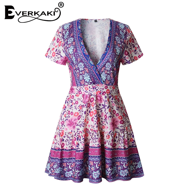 Женское платье-мини с этническим принтом Everkaki Boho Gypsy, с поясом, v-образный вырез, короткий рукав, богемное платье для женщин, лето-осень, новинка
