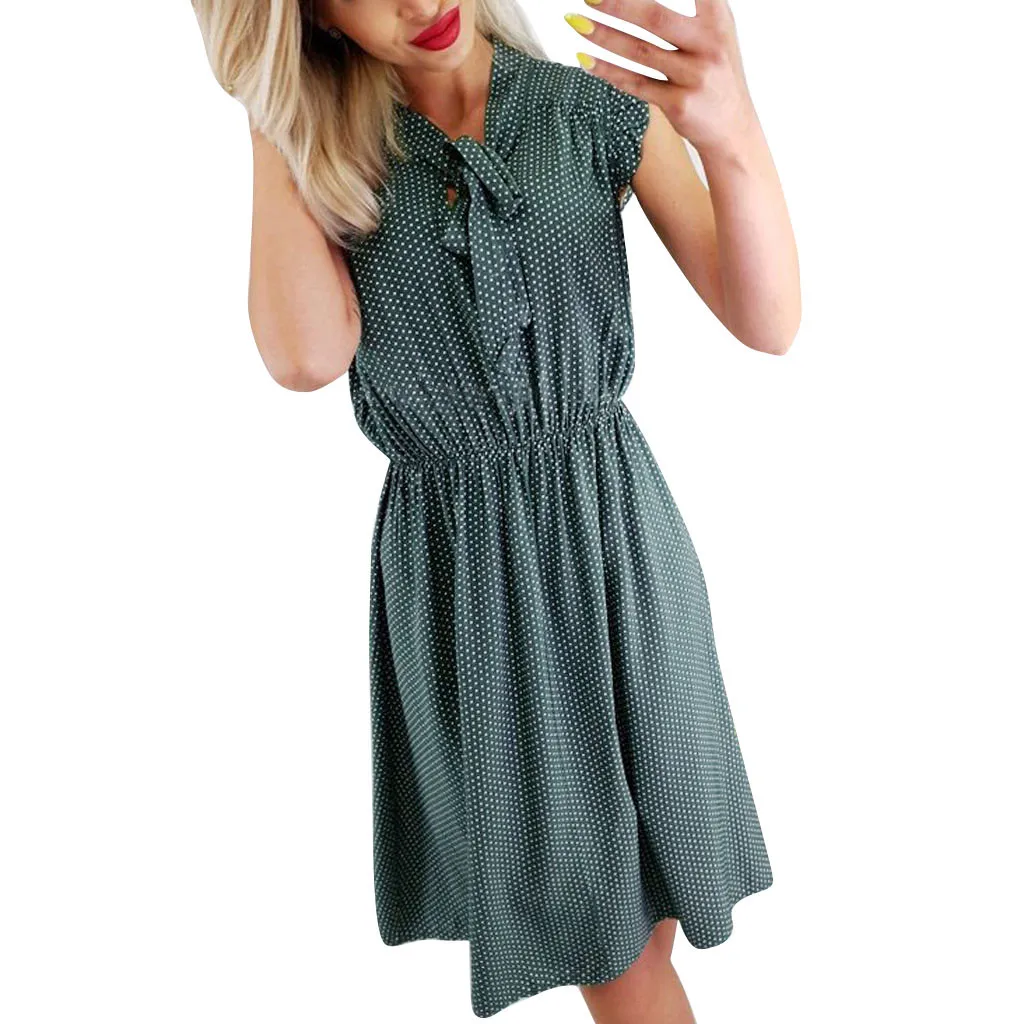 

JAYCOSIN Fashion Women Casual Ruffles Lace Up Bandage Dot Printed Mini Waist Dress O-Neck Butterfly Sleeve Summer Dress June 15