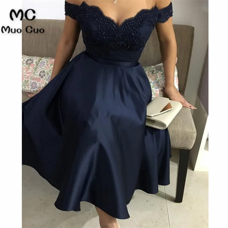 A Glamorous Form Satin Tea Length Dress Featuring Lace Appliques V-neckWith off the shoulder design. Perfect For Prom,Evening2