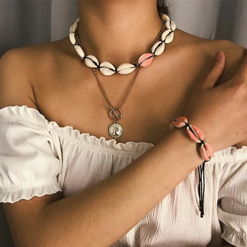 

DIEZI Bohemian Ethnic Shell New Jewelry Sets Bracelet Necklace For Women Handmade Rope Chain Adjustable Boho 2019 Jewelry Gifts