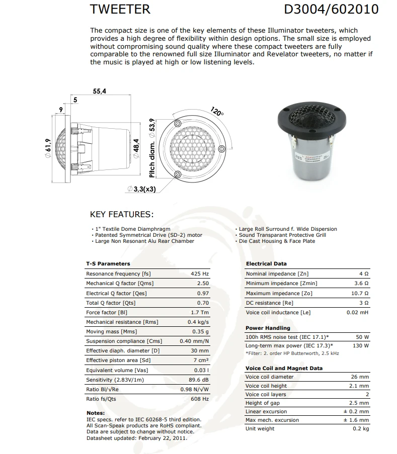 Scan-Speak D3004/602010-1 дюймов текстильная купольная диафрагма/твитер блок 4ohm-89.6dB вес нетто 0,2 кг
