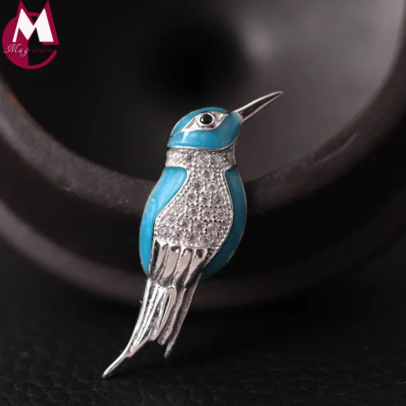 

DIY Retro High Quality Blue Bird Brooch 100% Real 925 Sterling Silver Brooch Enamel Animal Pins Men Women Creative Jewelry YX03