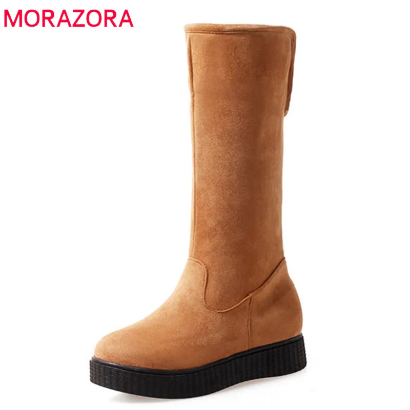 

MORAZORA 2020 new arrival mid calf boots women slip on winter snow boots round toe fashion flat shoes woman big size 33-43