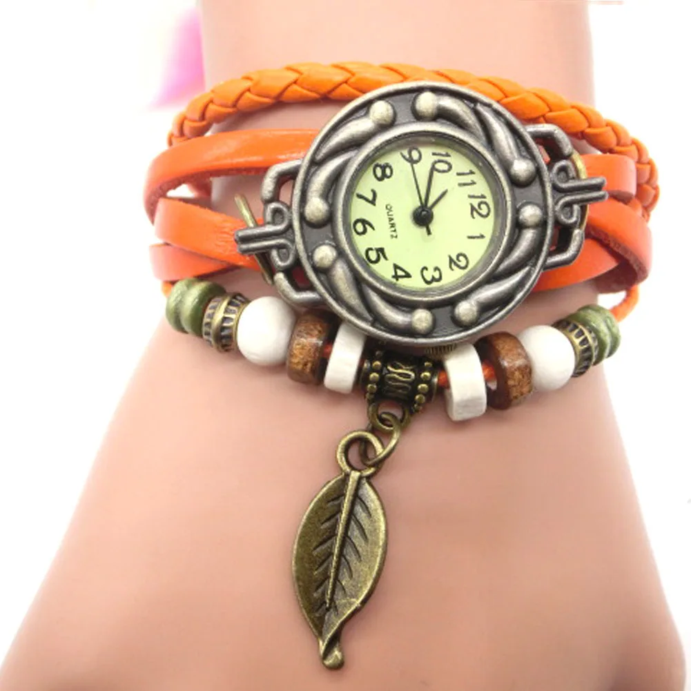 

Multi layer quartz Women's Bracelet Watches unique Weave Wrap Leather Leaf Beads pendant Wrist Watches