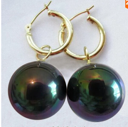 

Big 12mm round Black bright genuine seashell pearl 18K GP earring>Lovely Fine Nobility Lady's Women's Earrings