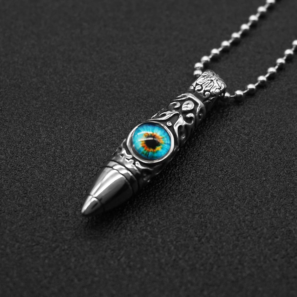Vintage Stainless Steel Bullet Shape Evil Eye Pendant Ball Chain Necklace Fashion Punk Mens Jewelry