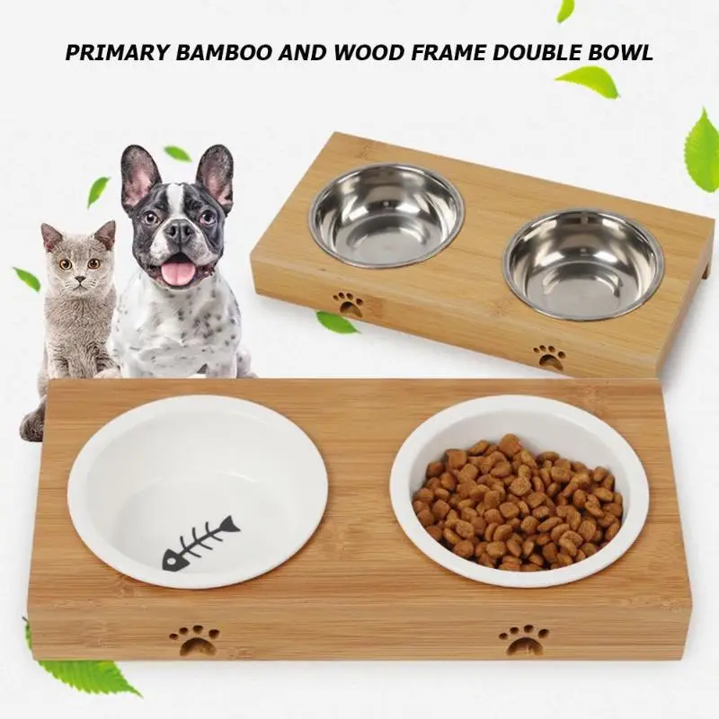 

Pet Dog Double Bowls Bamboo Wood Stainless Steel Ceramic Dogs Food Water Feeder Safety Easy Cleaning Bowls for Cat Dog