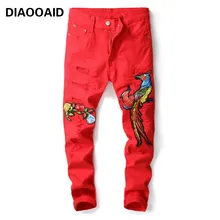 Diaooaid уличной моды хип-хоп мужские рваные байкерские Джинсы для женщин с Вышивка Slim Fit Проблемные Брюки для девочек для мужчин красный Мотобрюки