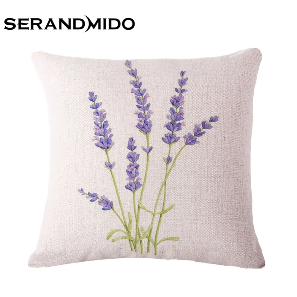 Purple Lavender Flowers Waist Cushion Cases Elegant Linen Cotton Pillow