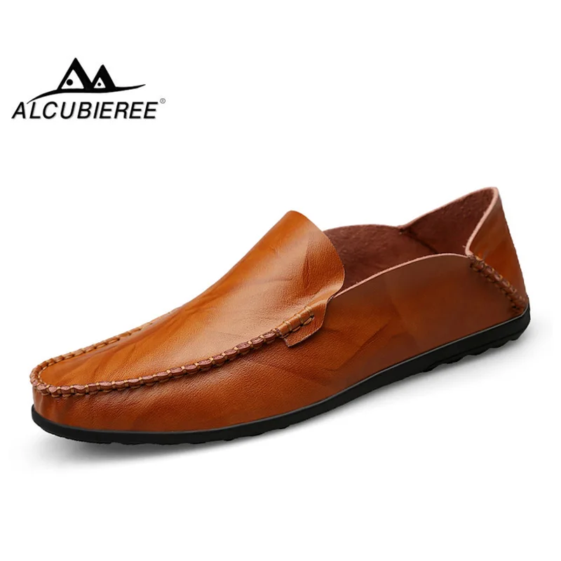 

ALCUBIEREE Brand Mens Casual Loafers Slip On Flat Shoes Summer Men Leather Boat Shoes Italian Handmade Driving Shoes Big Size 46