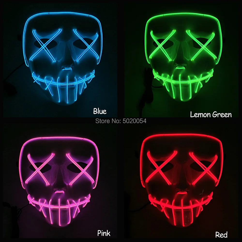 

10 Colors Select EL Wire LED Mask Light Up Scary Face Mask Halloween clown mask For Festival Parties Costume