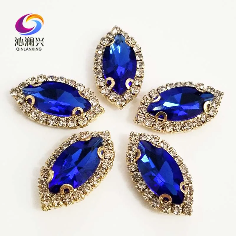 

Gold bottom Royalblue Top grade Glass Crystal buckle, eye shape sew on rhinestones with holes,Diy/jewelry accessories SWEKG10