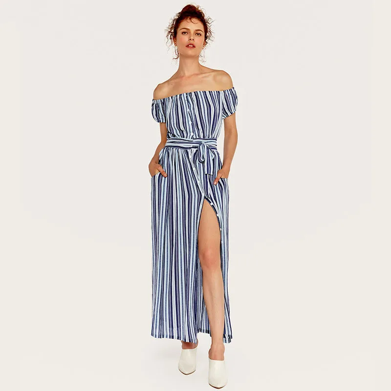 

Wasteheart Summer Bohemian Women Dress Striped Printed Long Dresses Strapless Slash Neck Holiday Dress Sexy Plus Size Sundress