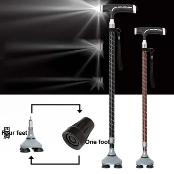 

Smart cane with lamp telescopic old man Non-slip adjustable sticks elderly Aluminum alloy T-handle Four feet walking stick