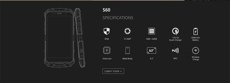IP68 DOOGEE S60 6 ГБ Оперативная память 64 Гб Беспроводной зарядки смартфона MTK Helio P25 Octa Core Android 7,0 21.0MP 5580 мА/ч, Водонепроницаемый мобильного телефона