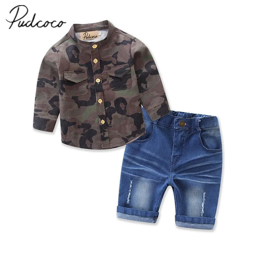 Pudcoco Дети наряды для маленьких мальчиков одежда с длинным рукавом рубашка камуфляж Топы Корректирующие+ Джинсы для женщин шорцев 2 предмета в комплекте От 1 до 7 лет