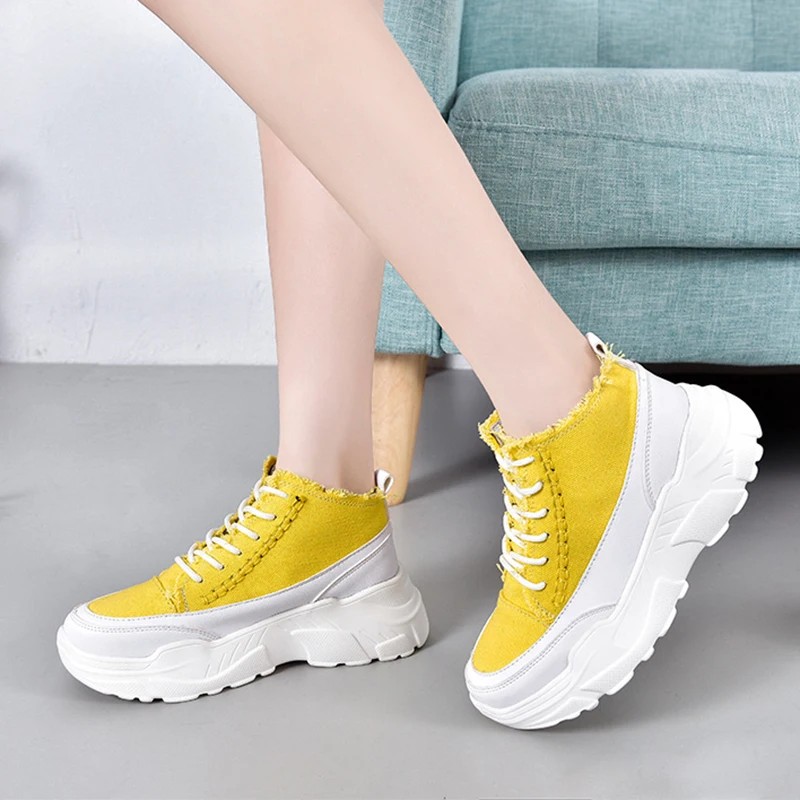

Women's Platform Sneakers 2019 Spring Fashion Yellow Canvas Sneakers For Woman Chunky Shoes Lace up Ladies Autumn Shoes Sneaker