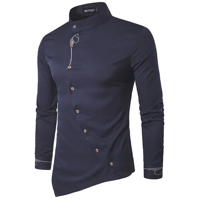 Oblique Button Irregular Formal Casual Shirt Men Solid Embroidery Stand ...