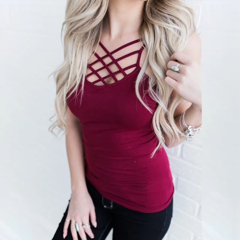 

New Fashion Women Tank Tops Stretchable Ladies Slim Sexy Strappy Camis Tops Female Front Hollow Backless Tops
