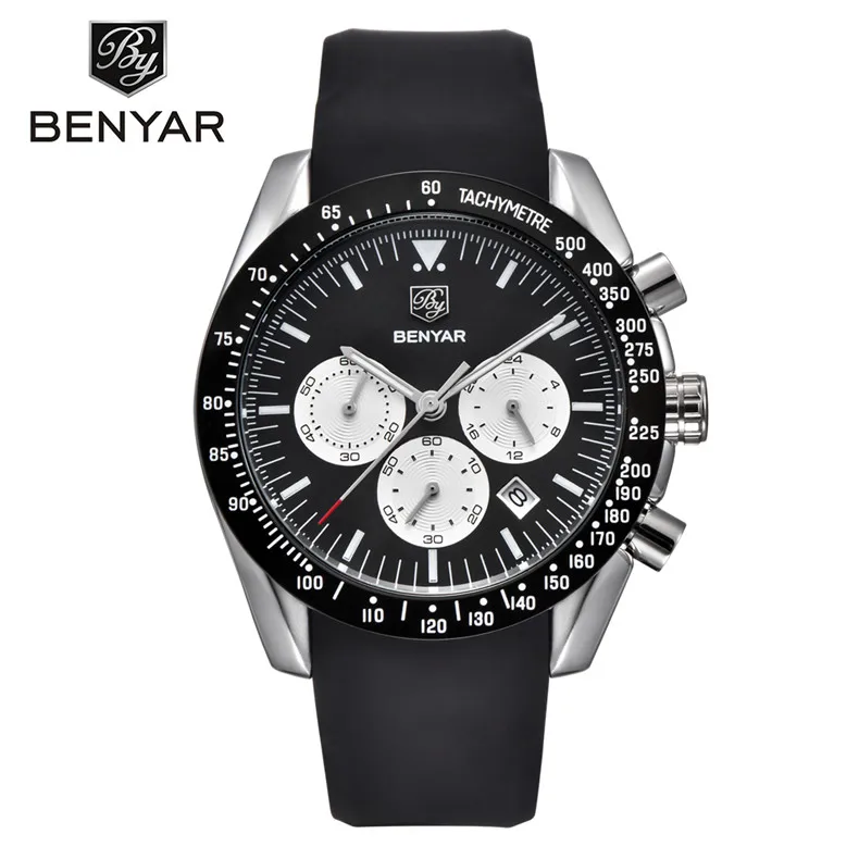 Silver black BENYAR модные брендовые роскошные классические кварцевые часы мужские военные черные силиконовые большие циферблаты спортивные мужские часы Relogio Masculino - Цвет: Silver black