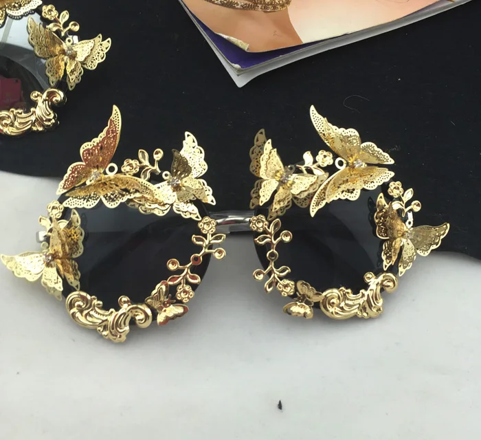 Популярные Модные Винтажные золотые солнцезащитные очки-бабочки в стиле барокко с розами, роскошные солнцезащитные очки с кристаллами, солнцезащитные очки-бабочки