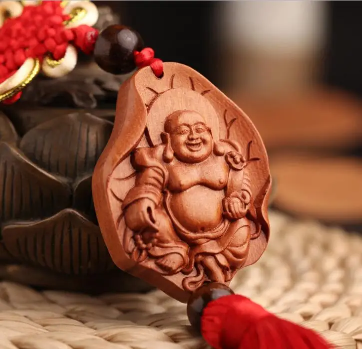 

Chinese Peach Wood Carved Lotus Leaf Maitreya Buddha Always Smile Safe And Good Luck Card Exquisite Car Interior Trim Pendant