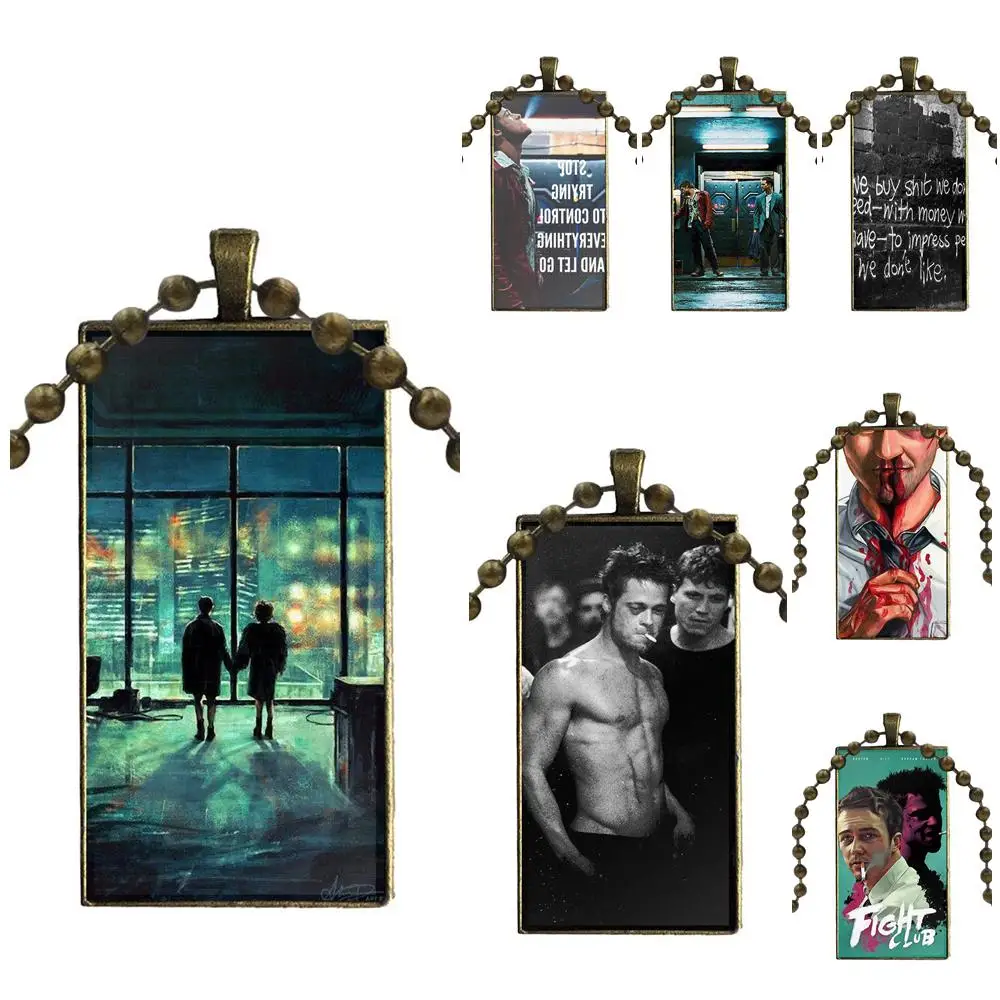

EJ Glaze For Unisex Party Gift Fight Club Jewelry With Bronze Plated Glass Cabochon Choker Long Pendant Rectangle Necklace