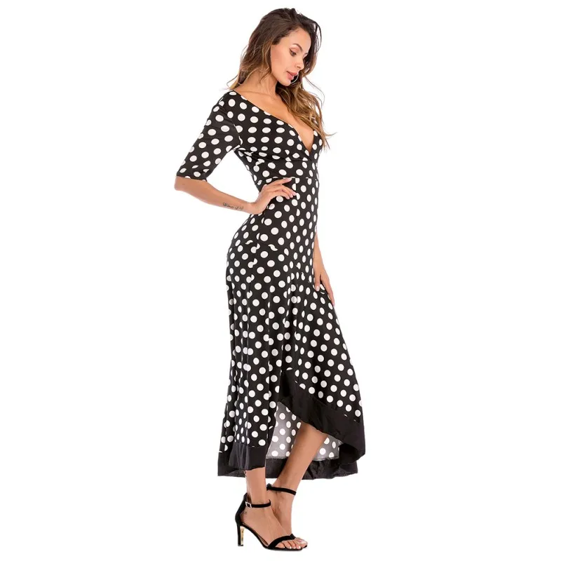 

Sexy Deep V Neck White Dot Print Summer Dress Irregular Ruffles Maxi Long Dresses