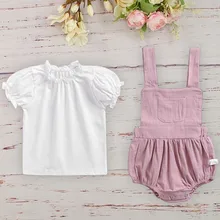 Элитная детская одежда коллекция года, Летний комбинезон на бретелях для маленьких детей, футболка с пышными рукавами Подарочная коробка для маленьких девочек, комплект из двух предметов