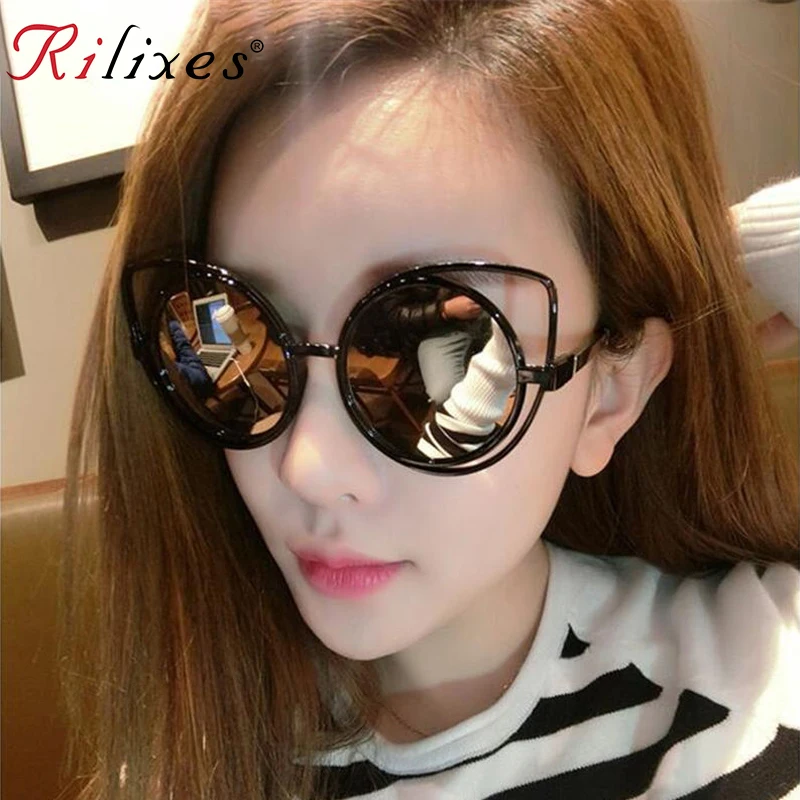 

RILIXES Women Fashion Sunglasses Cat Eye Cateye UV400 Oversize Brand Designer Sun glasses Coating Mirror oculos gafas