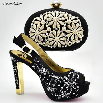 

Latest Peep Toe Shoes With Bag Decoration Stones Black Flower Italian Woman High Heel Shoes And Bag Sets 37-42 For Party D810-16