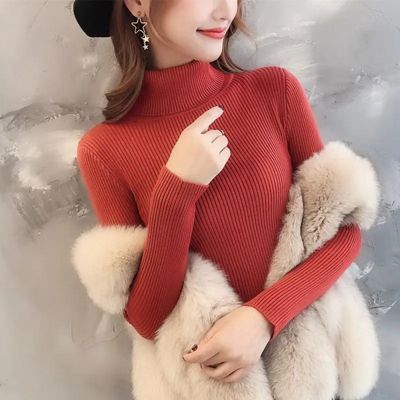 Turtleneck Warm Women Sweater Autumn Casual Korean Winter Knitted Femme Pull High Elastic Female Basic Pullovers Sweater - Цвет: Zhuanhong