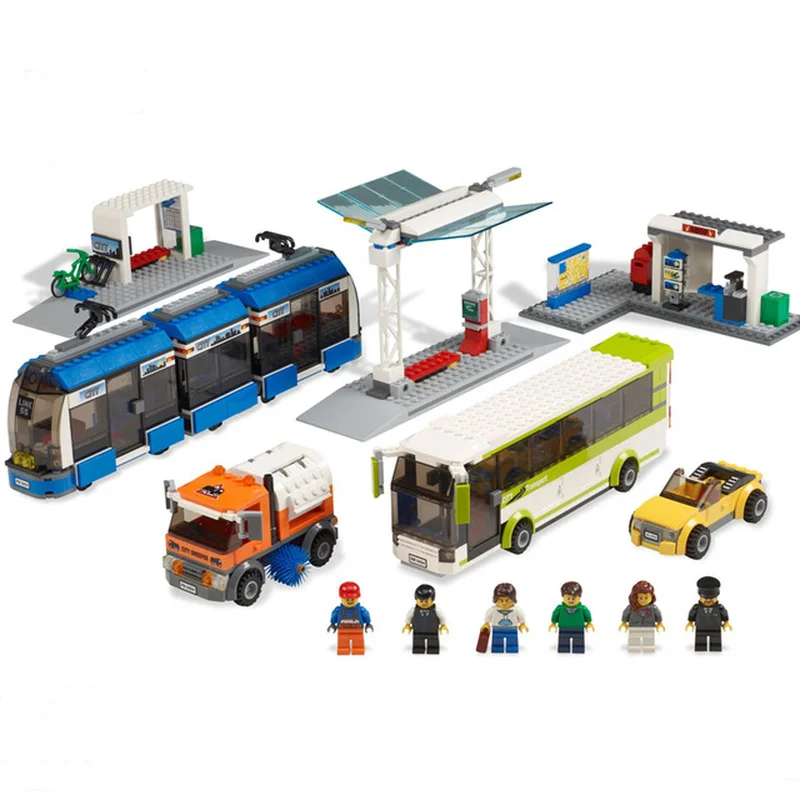 

City Serices Public Transport Station Model Set Compatible legoings 8404 02023 Bus Train Car Building Bricks Blocks Toys