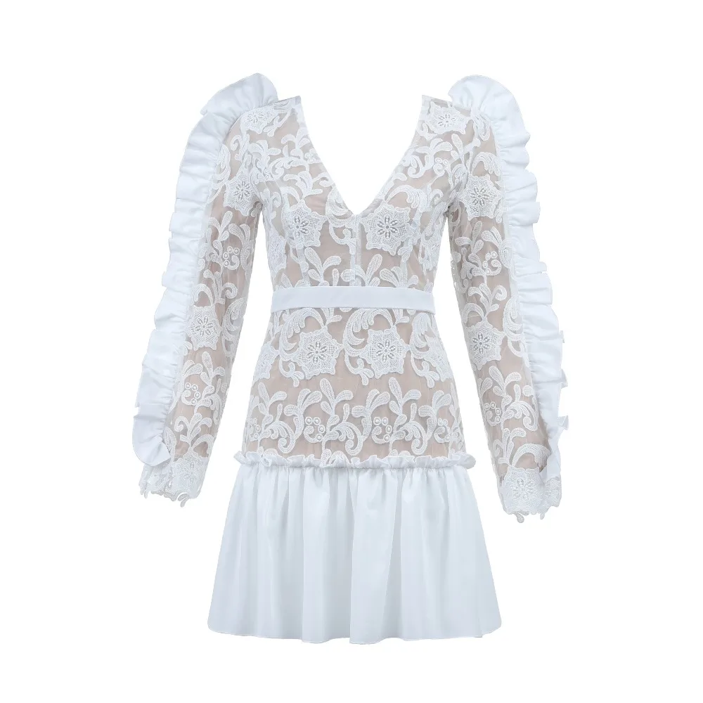 Europe Runway Designer Dress 2019 Women's High Quality Long Sleeve Sexy Deep V-neck Floral Printed Chiffon Mini Dress  (3)