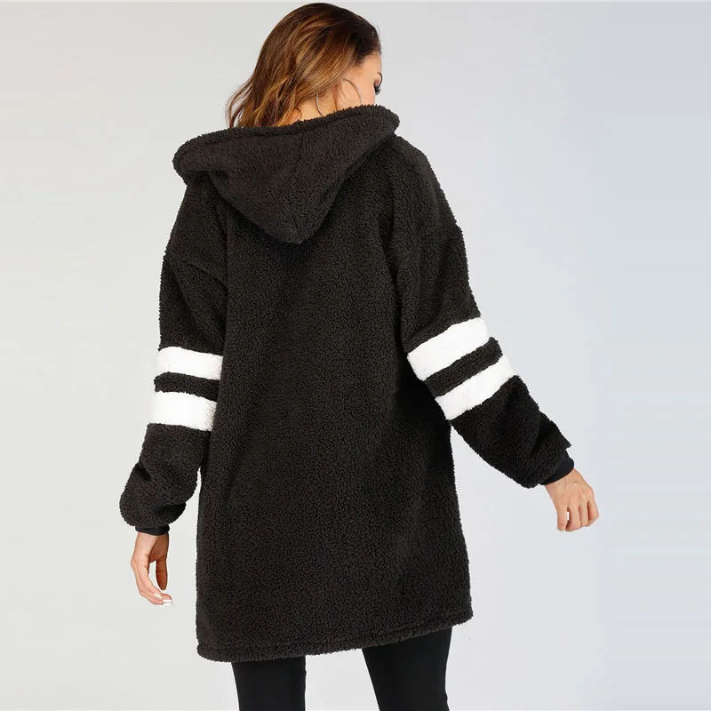 SweatyRocks, черное университетское пальто с капюшоном, зимнее, толстое, теплое, пушистое, плюшевое пальто,, повседневные женские куртки и топы