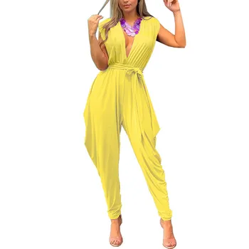 

Sexy Backless Lace Up Bodycon Jumpsuit Women Deep V Neck Sleeveless Party Club Bodysuit Casual Solid Wide Leg Romper