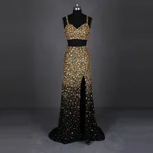 Real Sample High Slit Zwei Stück Abendkleid Schweres Wulstiges Gold Crystals Sparkly Lange Einbau Formale Abendkleid abendkleider