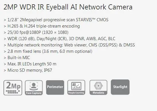 Новое поступление IP камера IPC-T5241TM-AS 2MP WDR IR Eyeball AI сетевая камера, DHL