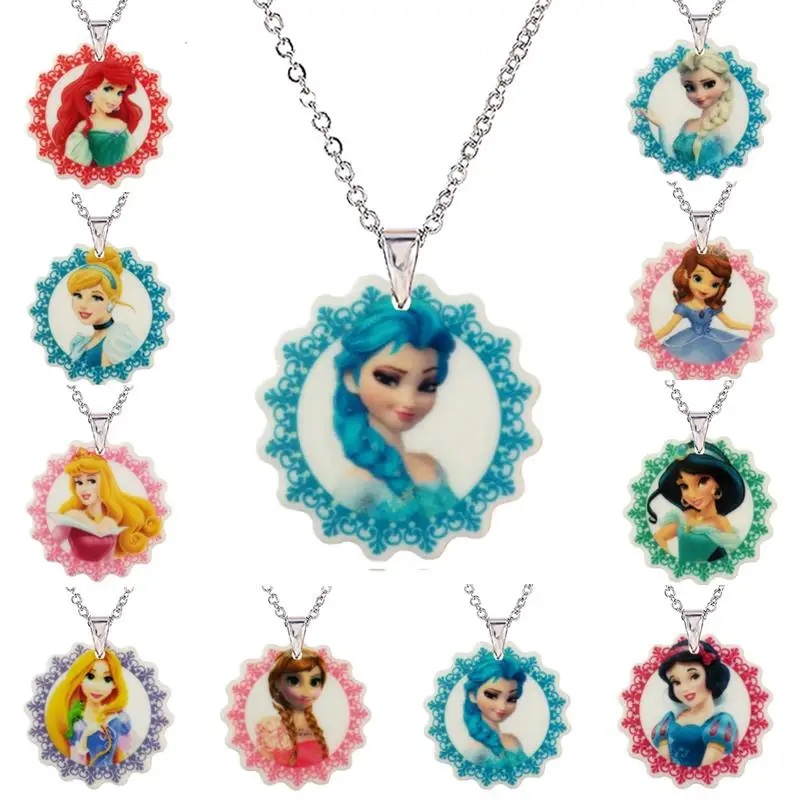 

2016 Cartoon Princess Acrylic Pendant Necklace for Little Girls Silver Chain Flower Planar Resin Children's Necklaces & Pendants