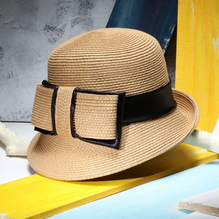 Women Elegant Retro Straw Hat Ladies Bow Sun Hat Fedoras Summer Beach Caps Capeline Chapeaux