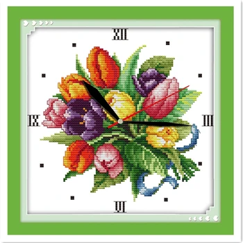 

Tulip Clock Face Cross Stitch Kit DMC Cross Stitch Fabric Home Decor Chinese Counted Cross Stitch Pattern Embroidery Cross Set