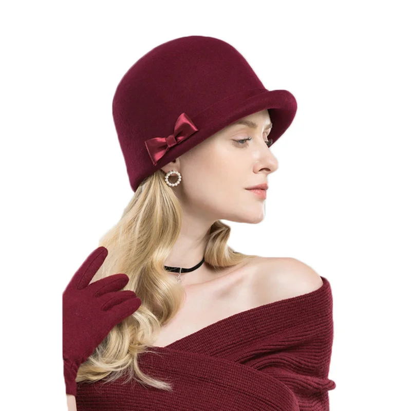 FS зимние флоппи шапки для женщин шерстяные войлочные шляпы-федоры Клош шляпы черный синий лук Curl Birm леди шляпа сомбреро Mujer Invierno Elegante - Цвет: Wine Red Wool Hat