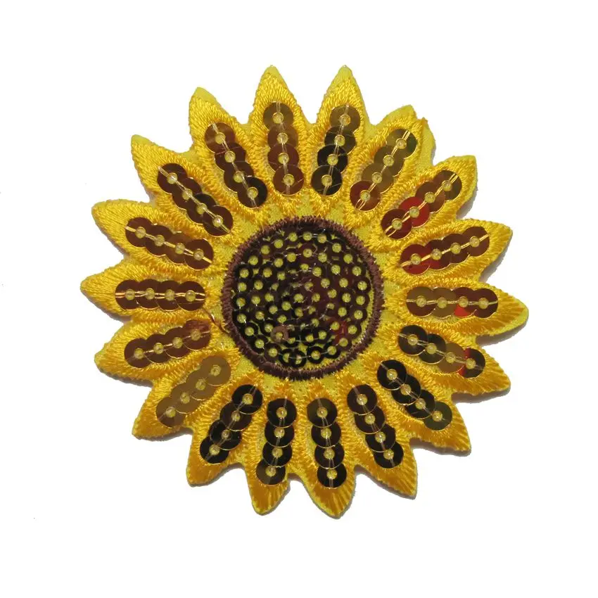

Free Shipping NEW 2 Pcs Sunflower Embroidered Iron On Patches For Clothes Yellow Floral Garment Appliques DIY Accessory